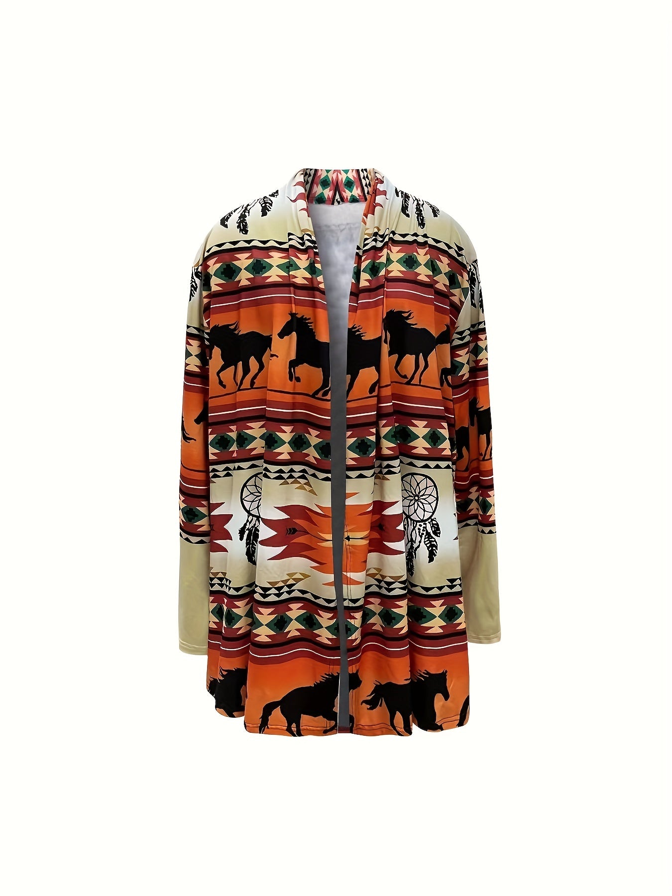 Plus Size Ethnic Style Overcoat, Women's Plus Aztec Print Long Sleeve Medium Stretch Cardigan