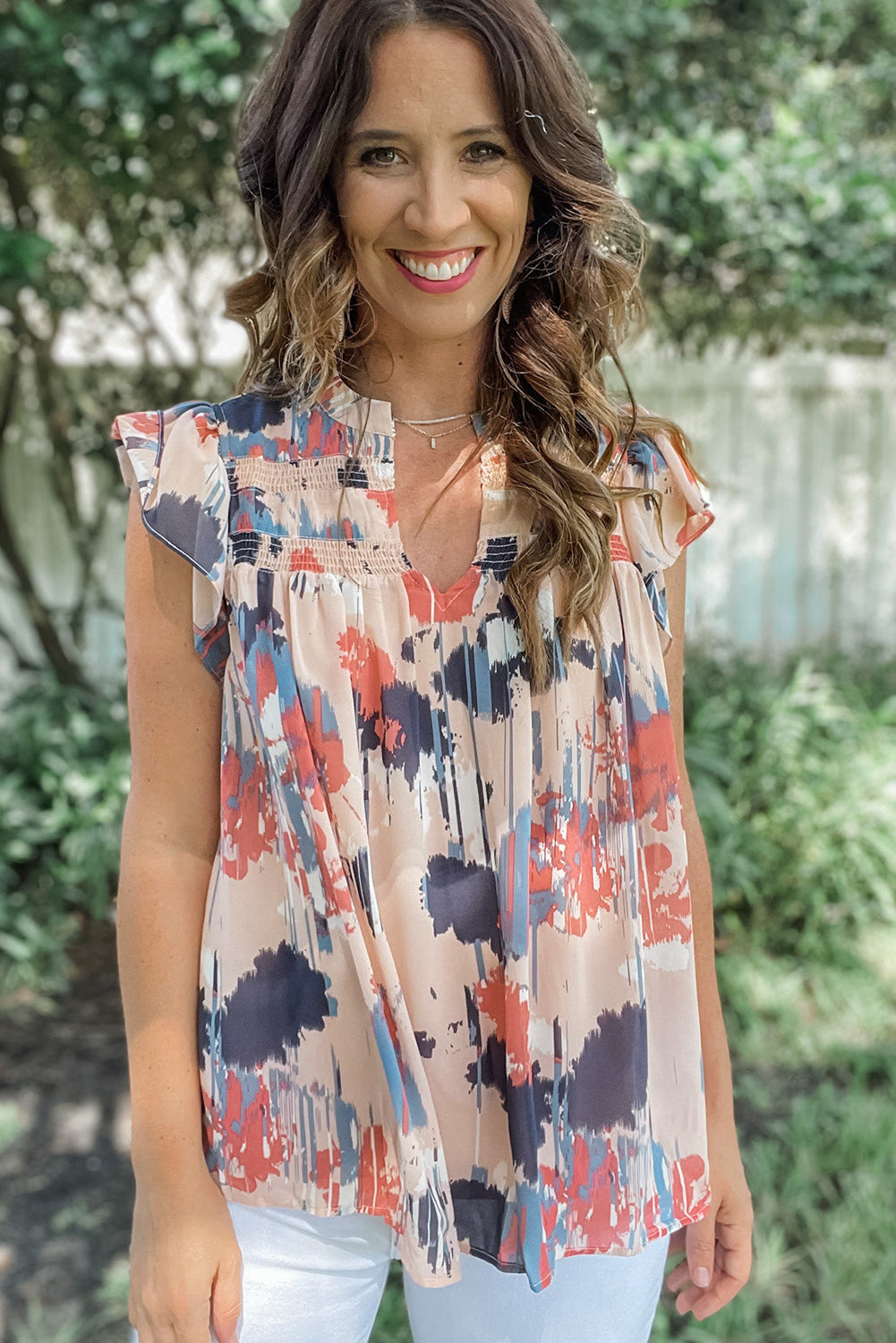 Pink Abstract Print V Neck Shirred Ruffled Sleeveless Top