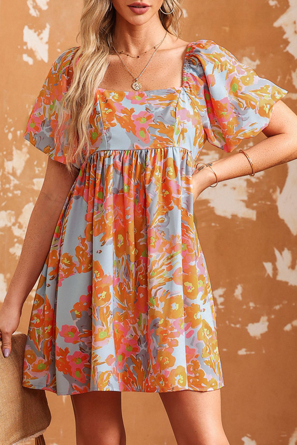 Orange High Waist Square Neck Puff Sleeve Floral Dress