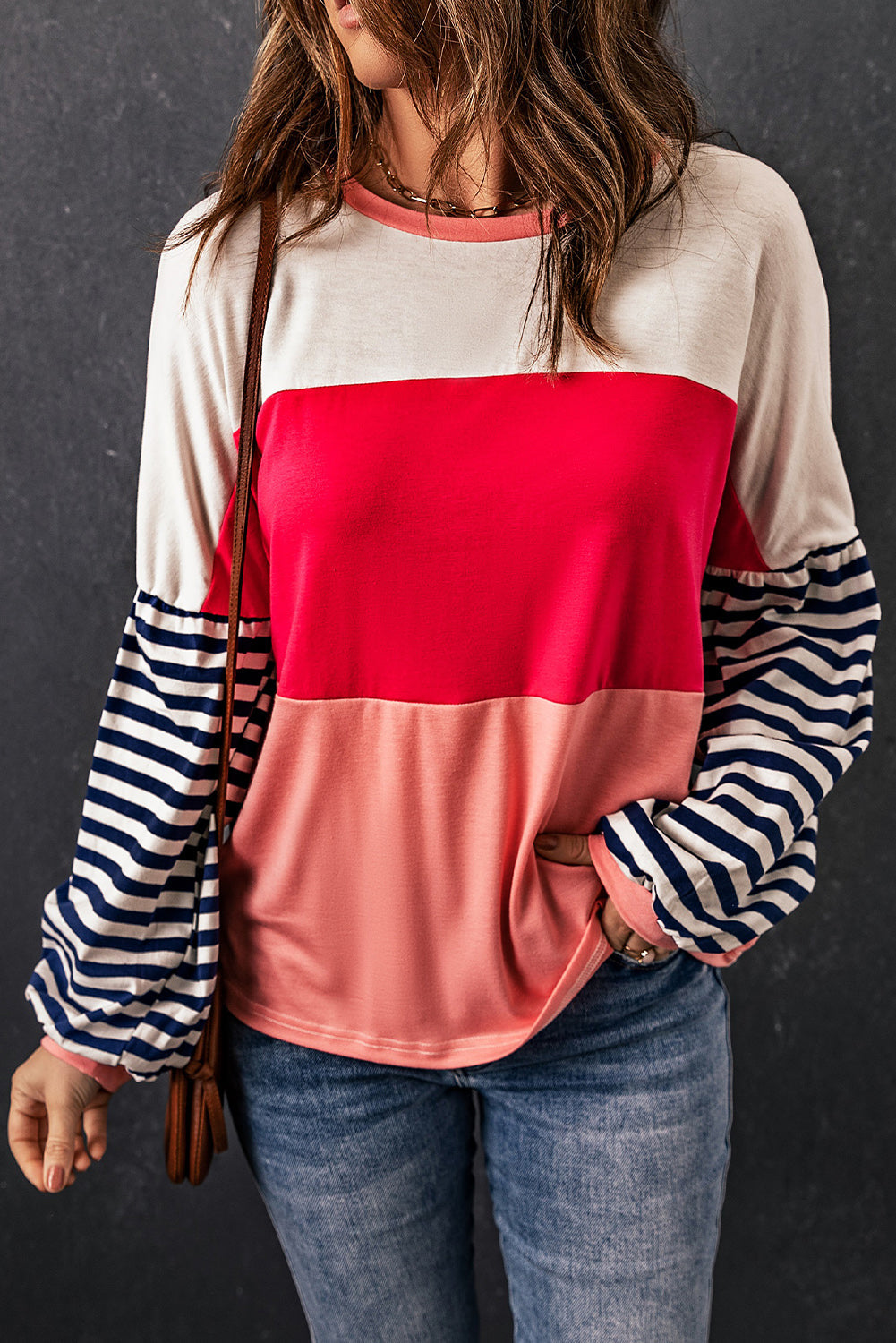 Pink Color Block Bubble Striped Sleeve Top