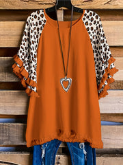 Plus Size Boho T-shirt, Women's Plus Colorblock Leopard Print Tassel Trim Round Neck Tee