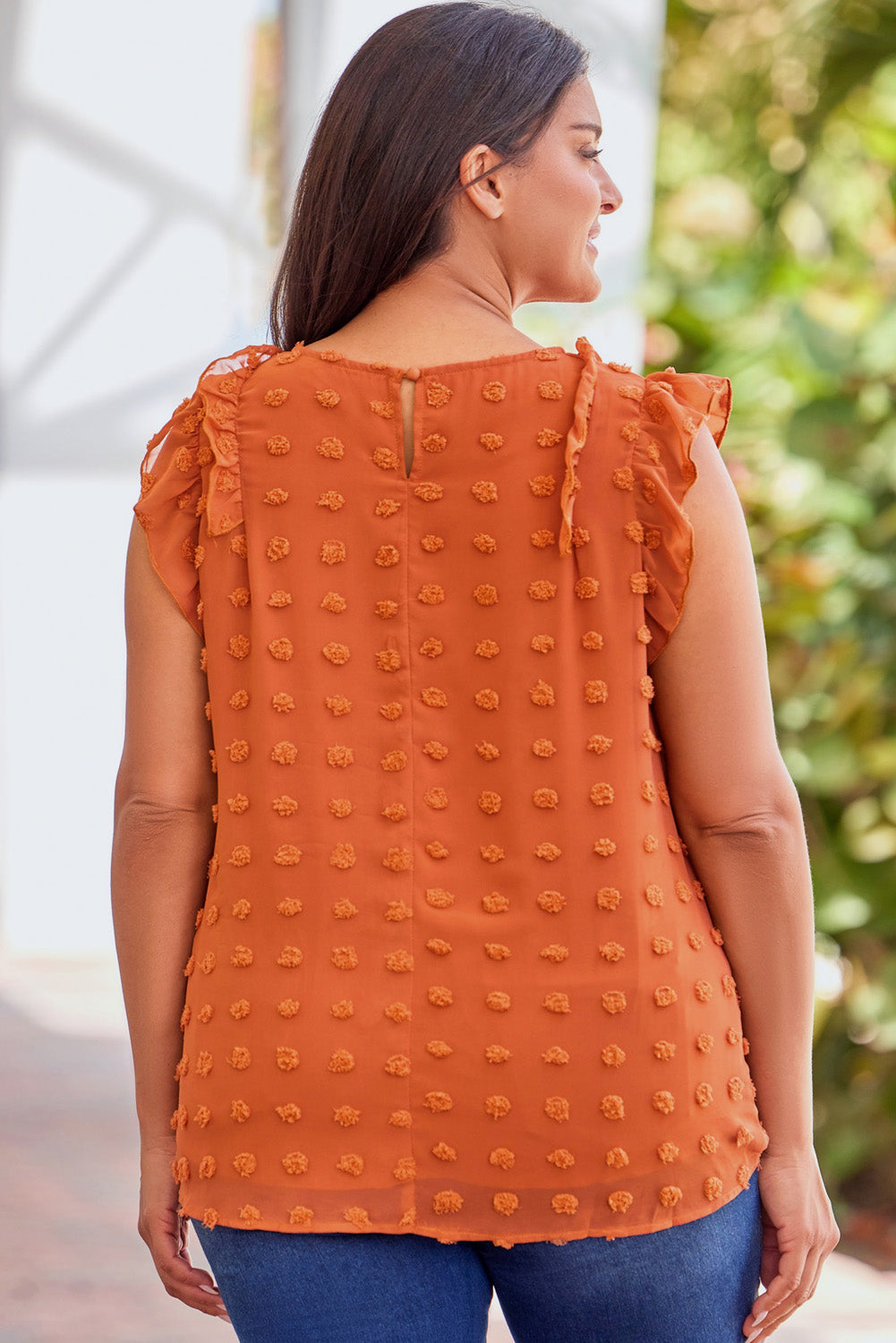 Orange Sheer Ruffle Detail Swiss Dot Curvy Tank Top