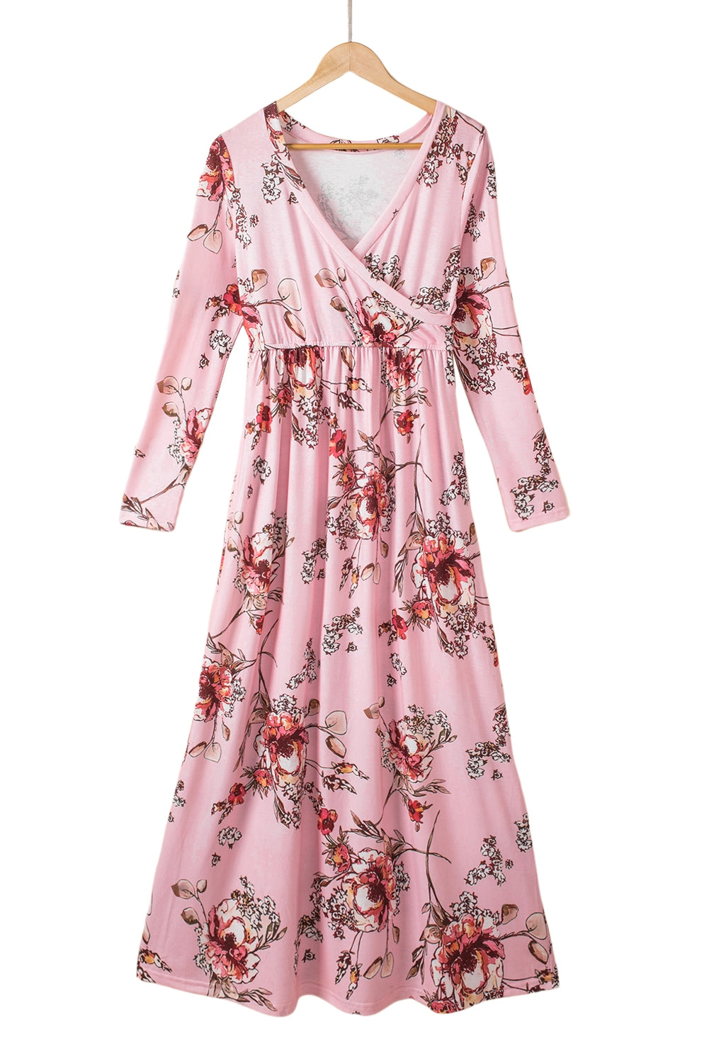 Pink  Wrapped V Neck Floral Long Sleeve Empire Maxi Dress