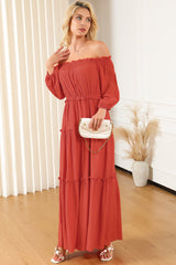 Orange Off Shoulder Balloon Sleeve Cutout Ruffled Maxi Dress