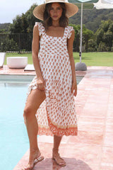 Orange Square Neck Printed Flowy Maxi Dress