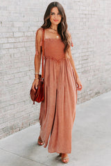 Orange Retro Washed Spaghetti Straps Smocked Wide Leg Jumpsuit