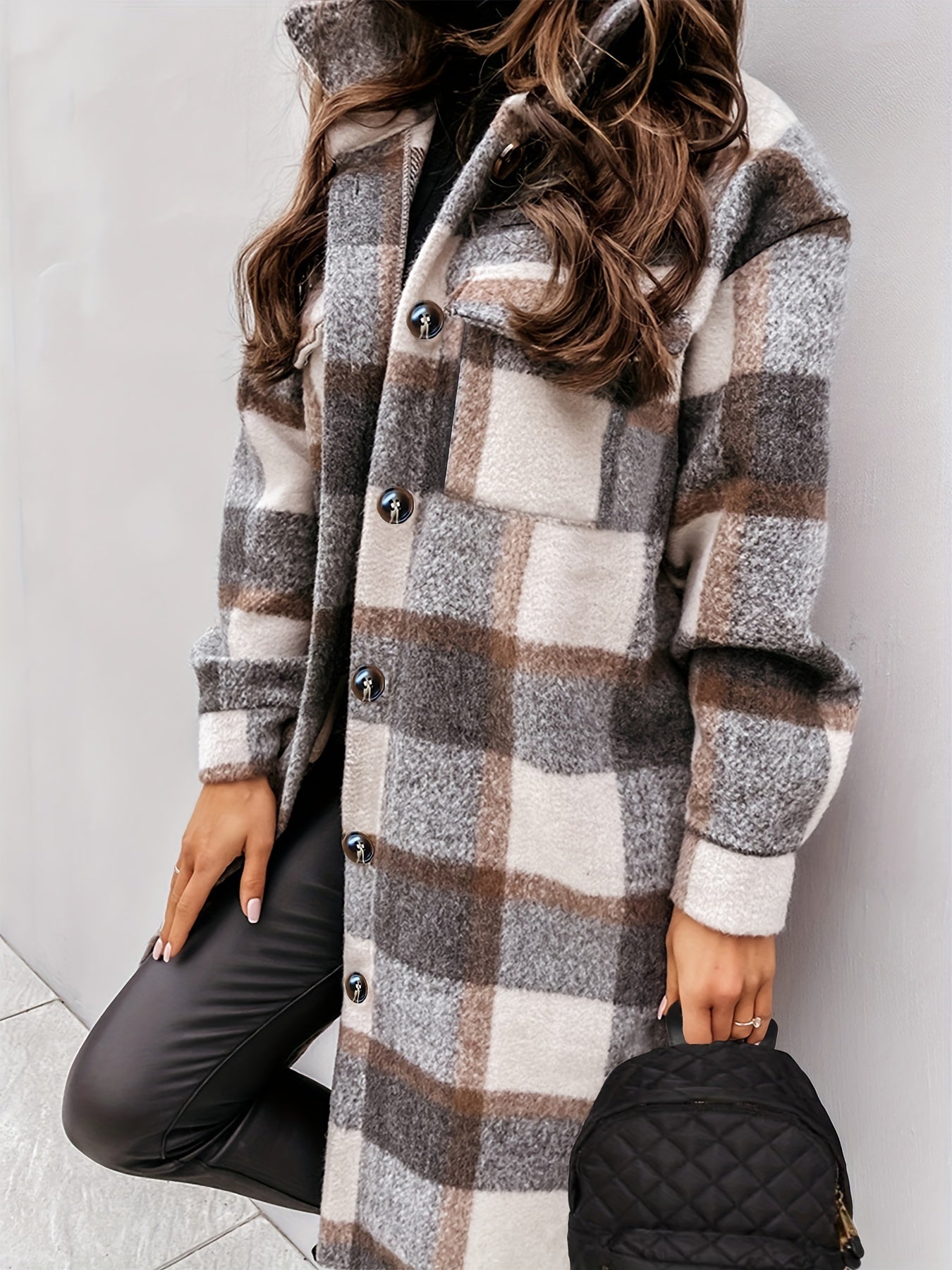 Plus Size Casual Coat, Women's Plus Plaid Print Long Sleeve Lapel Collar Button Up Shacket Jacket