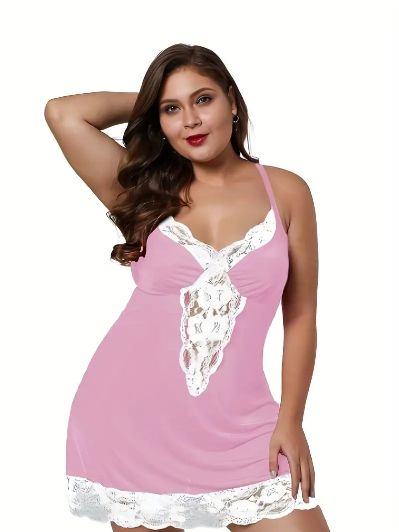 Plus Size Sexy Nightdress, Women's Plus Comfort Soft Contrast Lace Criss Cross Back V Neck Cami Sleep Dress With Free Underwear