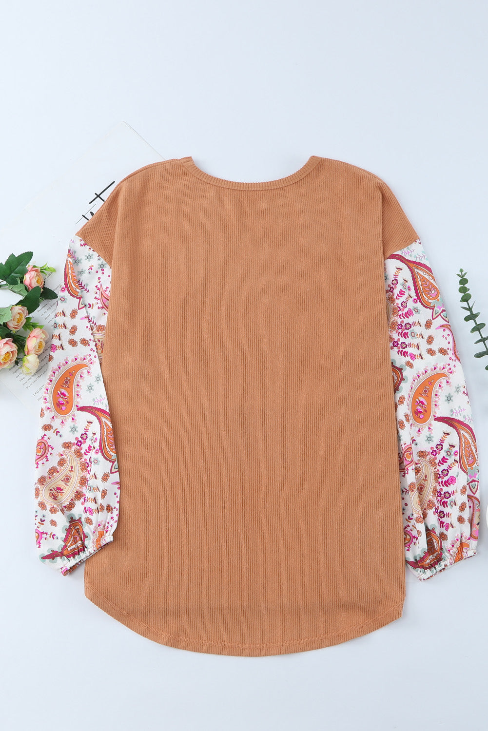 Orange Paisley Contrast Bubble Sleeve Ribbed Top