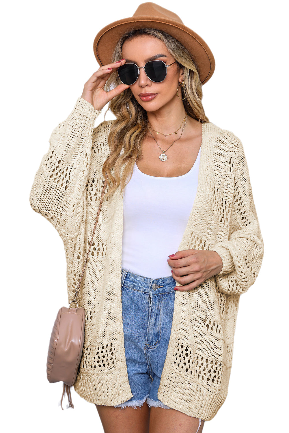 Pink Casual Hollowed Knit Dolman Sleeve Cardigan