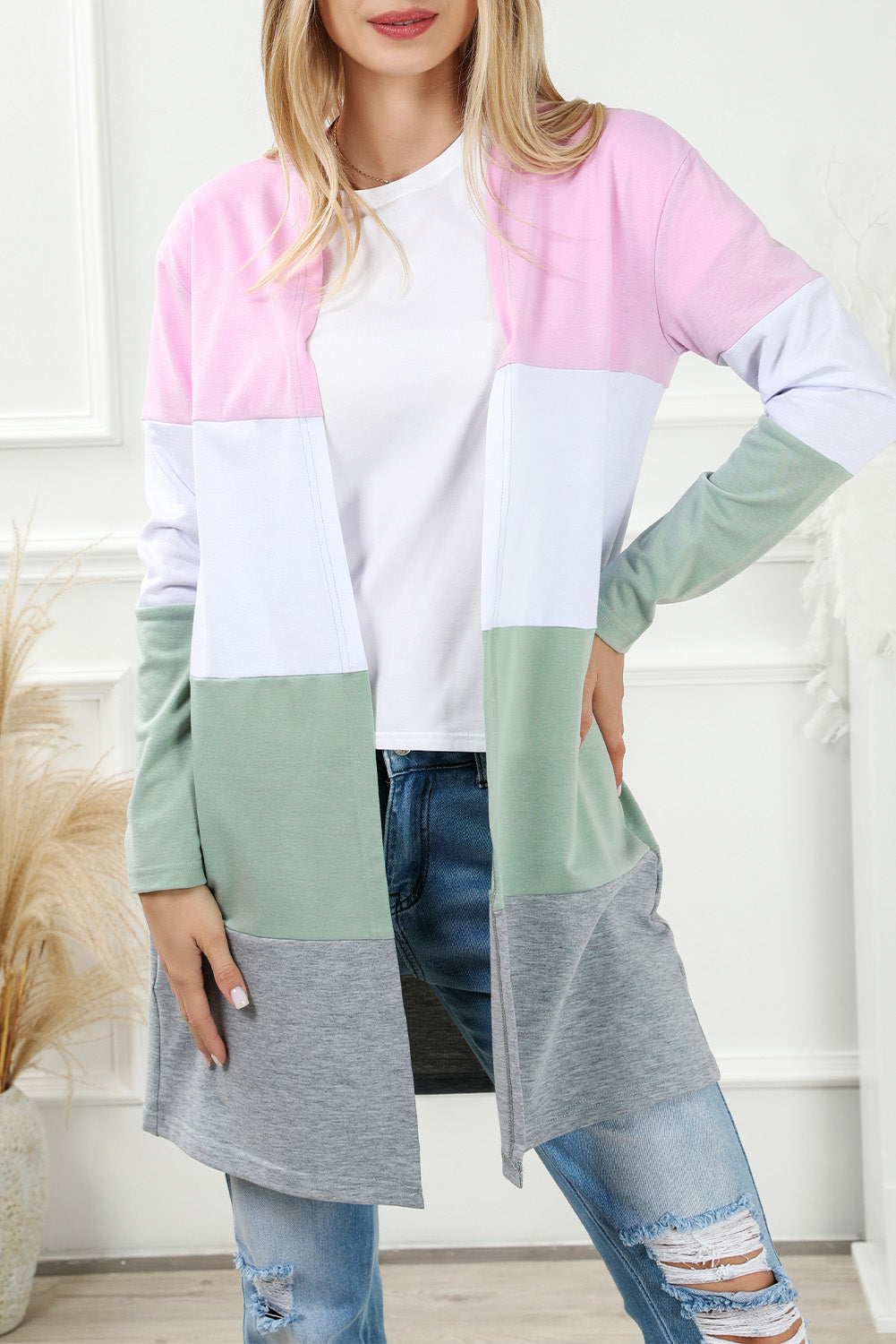 Rosa Strickjacke mit offener Vorderseite und Farbblockdesign in Übergröße
