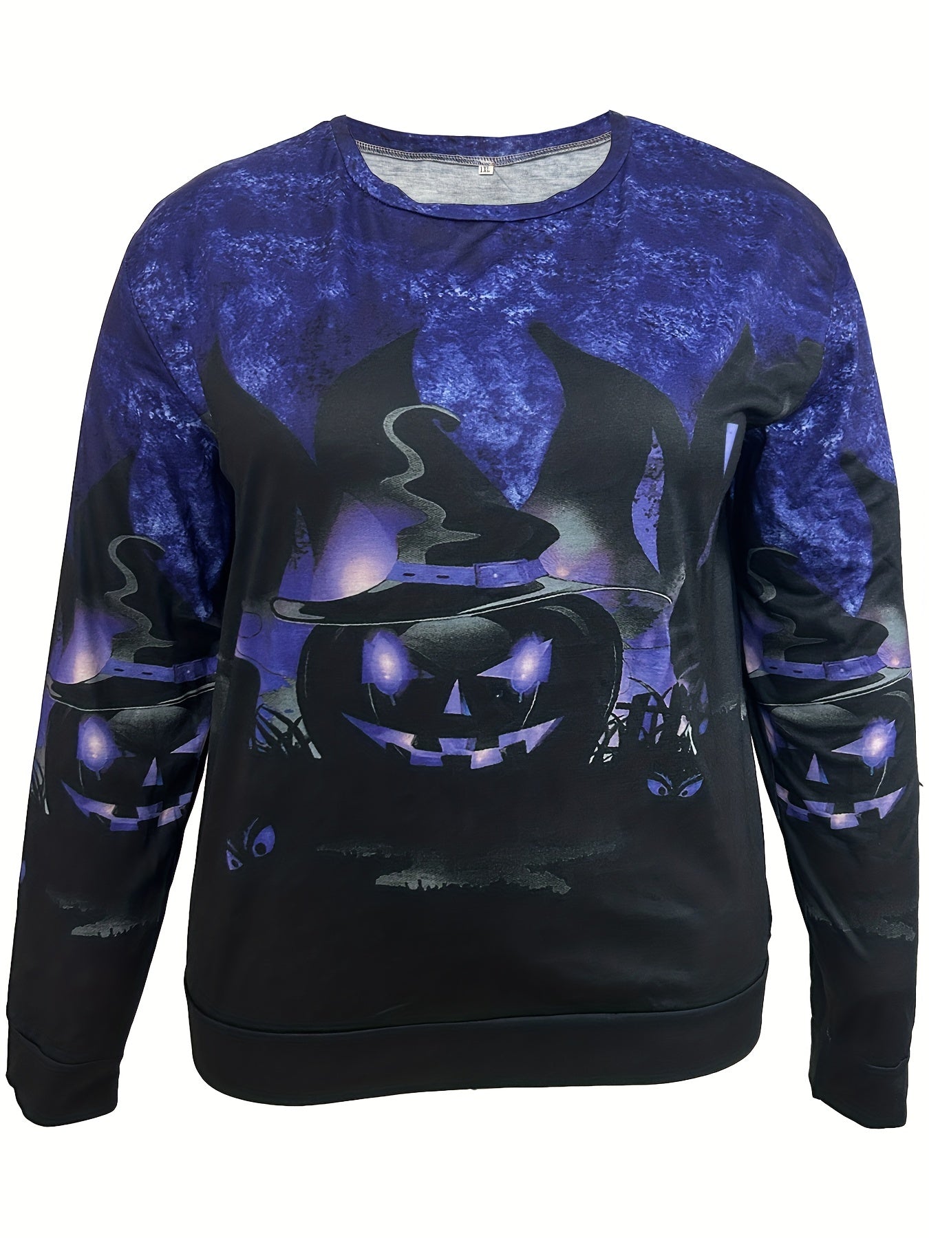 Plus Size Halloween Casual Sweatshirt, Women's Plus Witch Hat Pumpkin Print Long Sleeve Round Neck Pullover Top