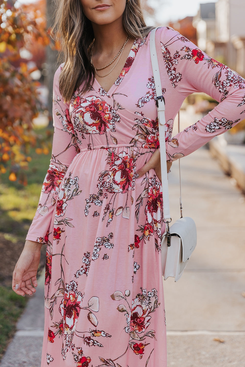 Pink  Wrapped V Neck Floral Long Sleeve Empire Maxi Dress