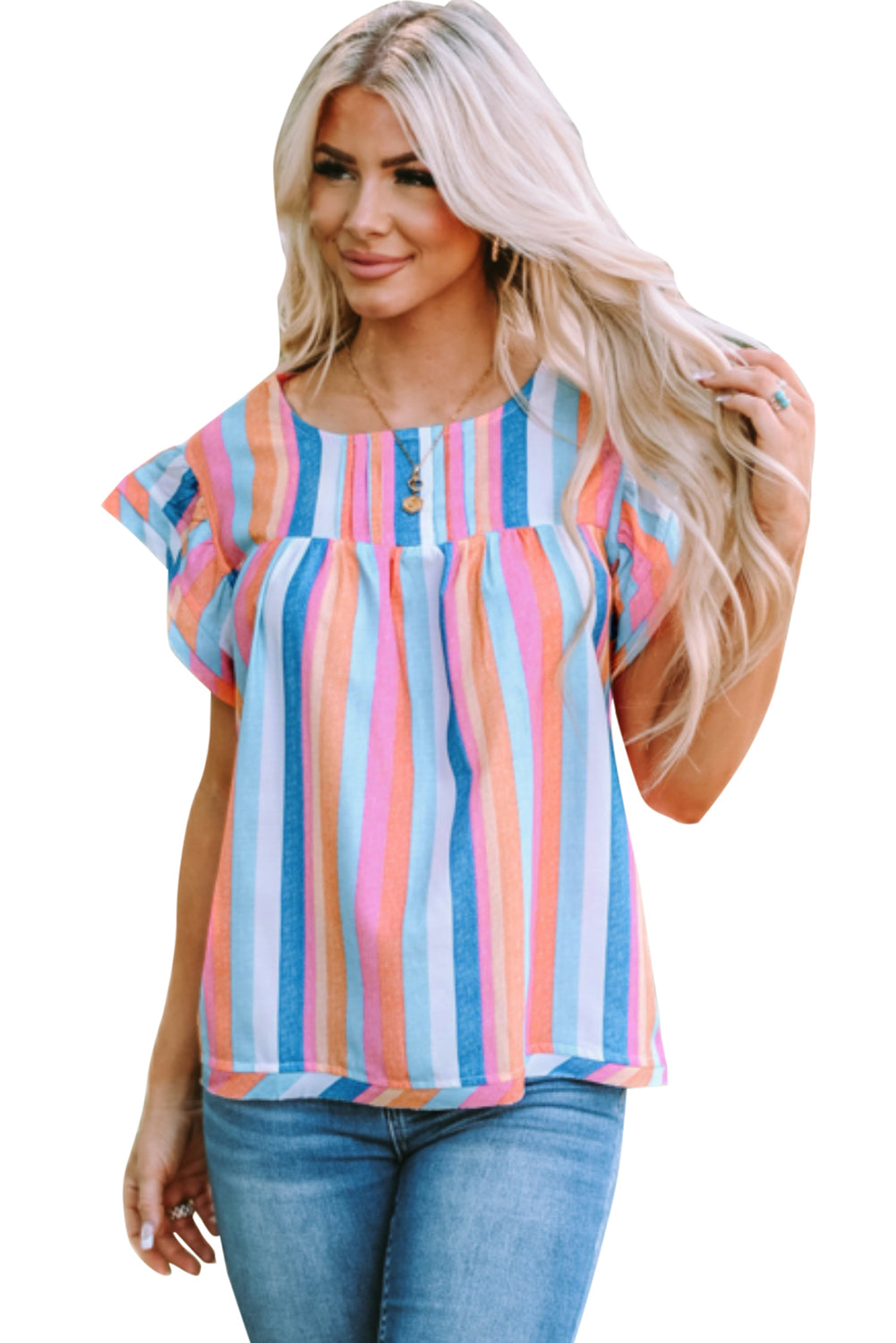 Pink Striped Button Sweetheart Flutter Sleeve Dress