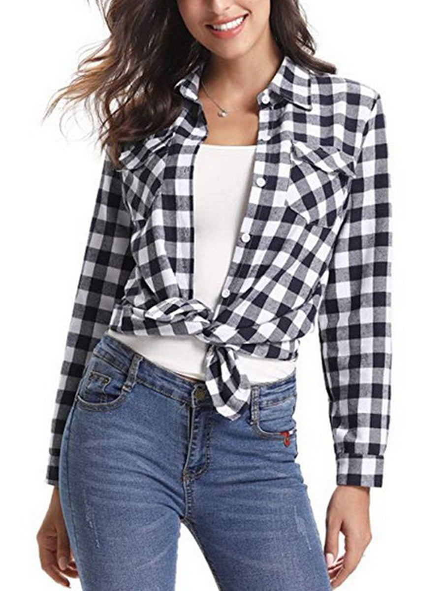 Saint Patrick's Day Roll Up Long Sleeves Buttoned Up Plaids Blouse