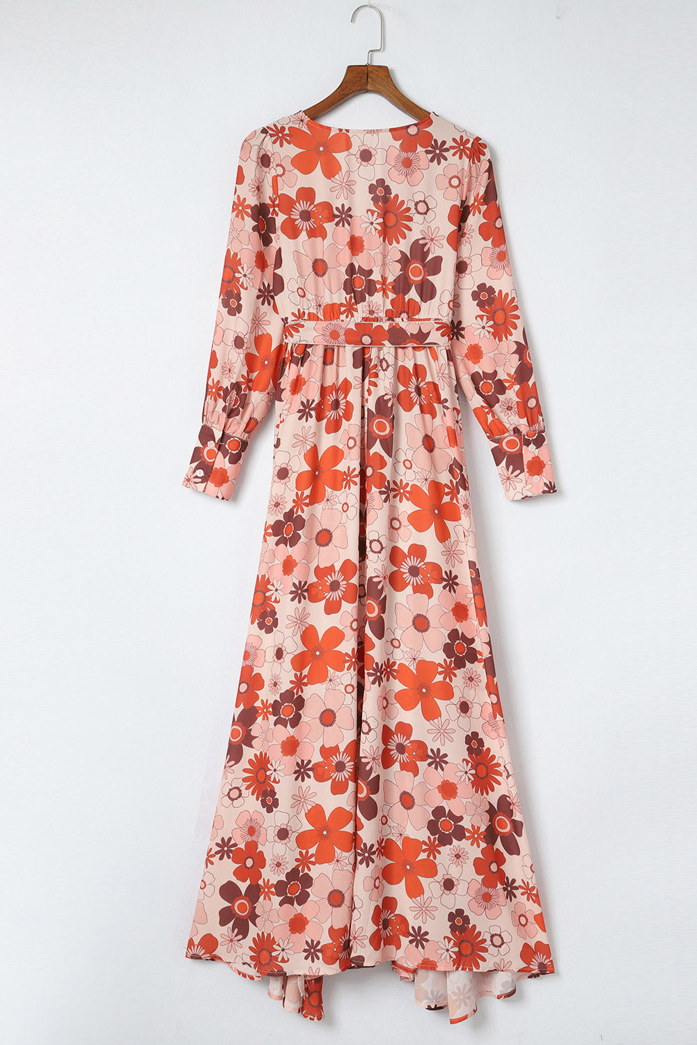 Orange Floral V-Neck Long Sleeve Belted Maxi Dress