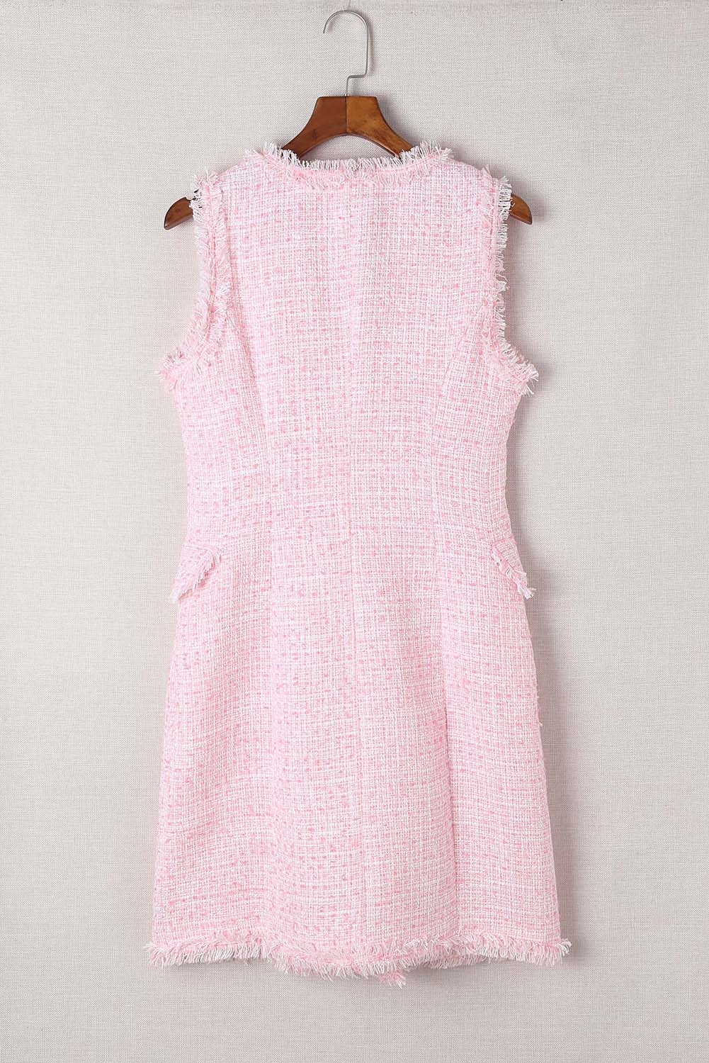 Vestido de tweed cruzado con borde deshilachado en color rosa