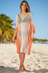 Orange Colorblock Hollow Out Batwing Sleeve Cover Up Beach Dress