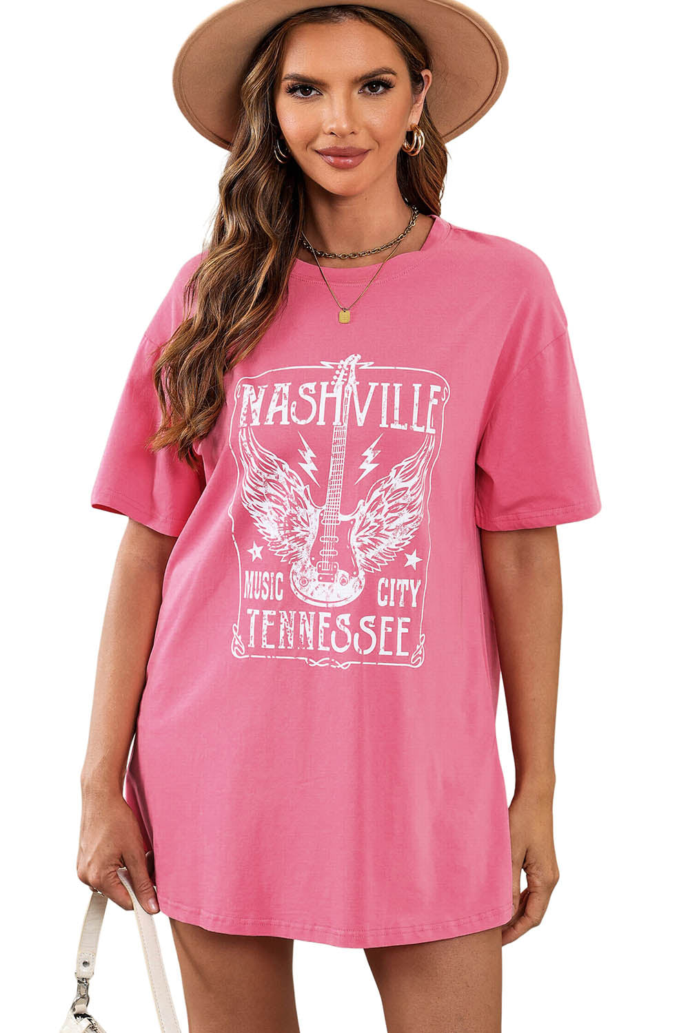 Camiseta extragrande con estampado gráfico de letras y eslogan de guitarra rosa