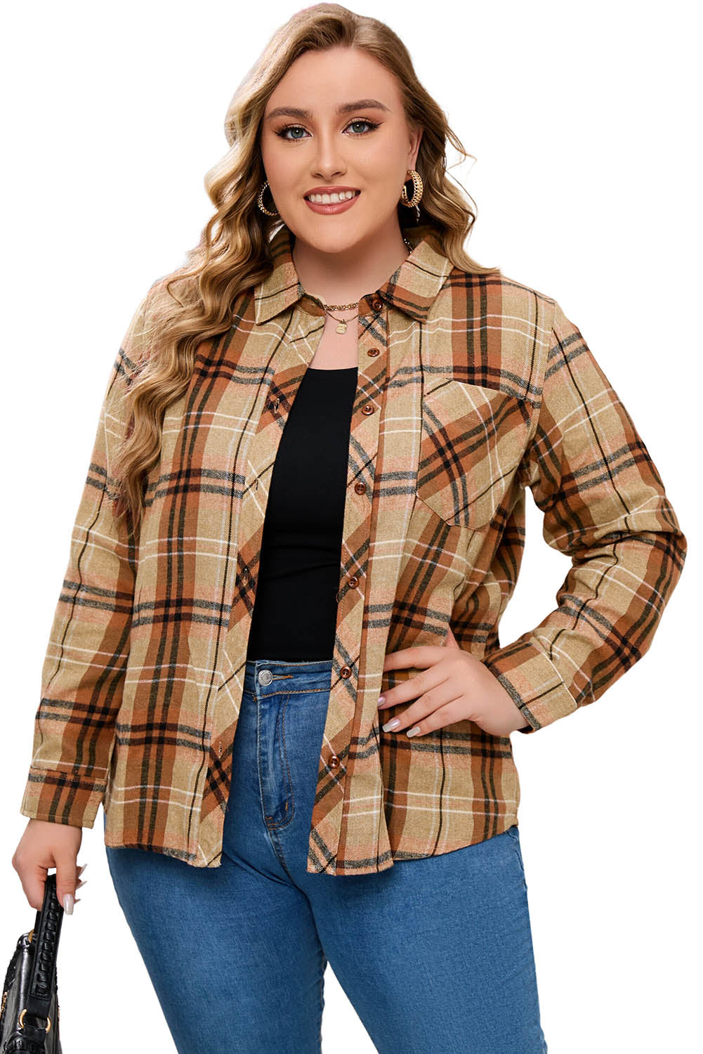 Orange Plus Size Buttons Plaid Pattern Shirt