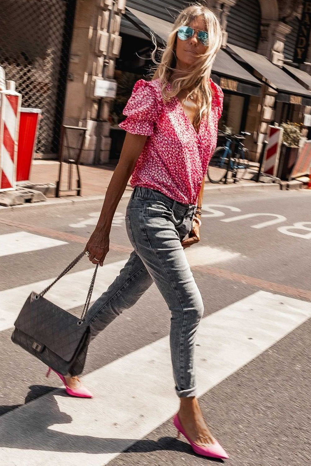 Pink Abstract Print Buttoned Ruffle Sleeve Shirt