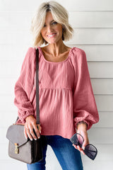 Pink Bubble Sleeve Textured Flowy Blouse