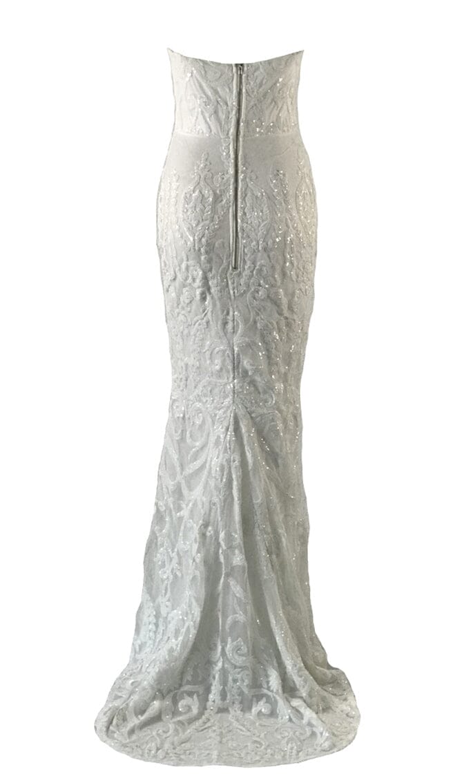 WHITE SEQUIN LACE STRAPLESS MAXI DRESS