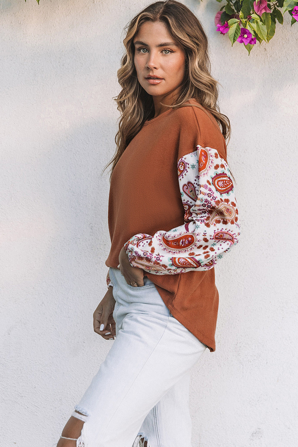 Orange Paisley Contrast Bubble Sleeve Ribbed Top