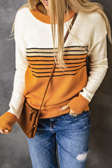 Orange Colorblock Striped Crew Neck Sweater