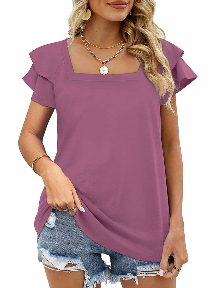 Solid Color Square Neck Double Layer Petal Sleeve T-Shirt