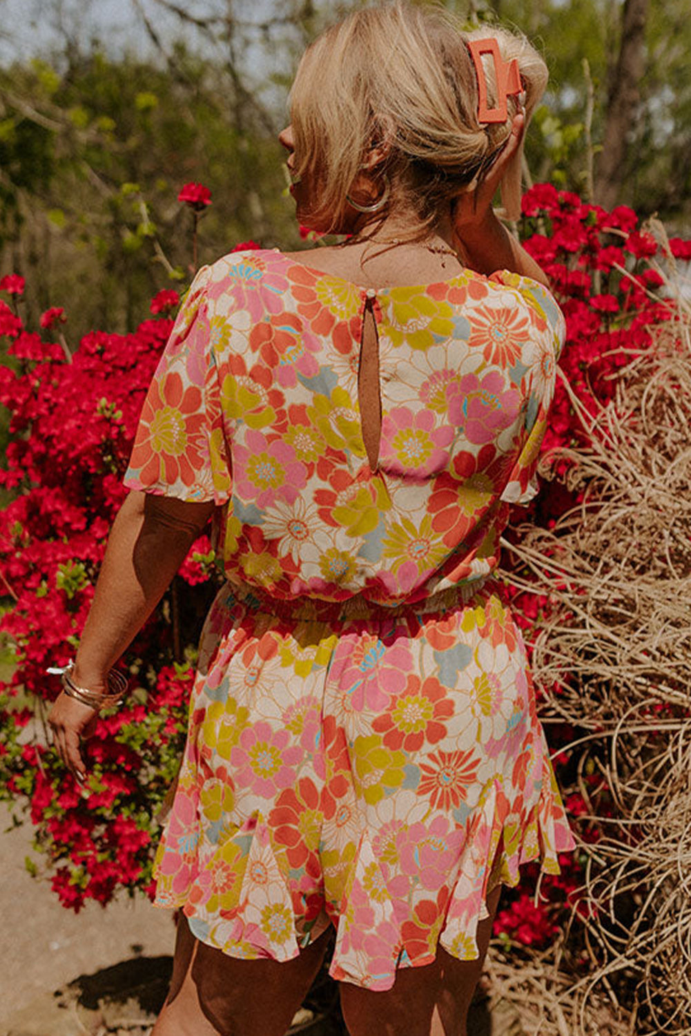 Orange Shirred Neck Summer Floral Dress