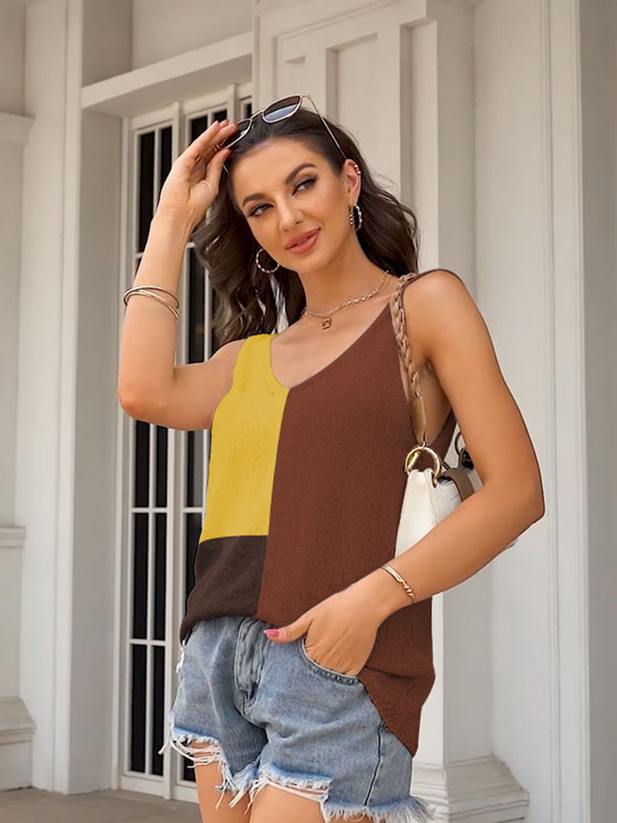 Tops Stitching Color V-Neck Casual Loose Tank Top