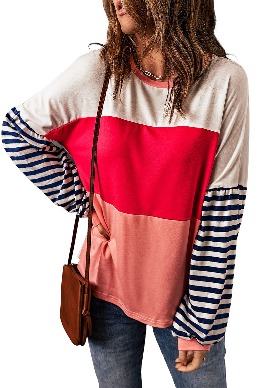 Pink Color Block Bubble Striped Sleeve Top