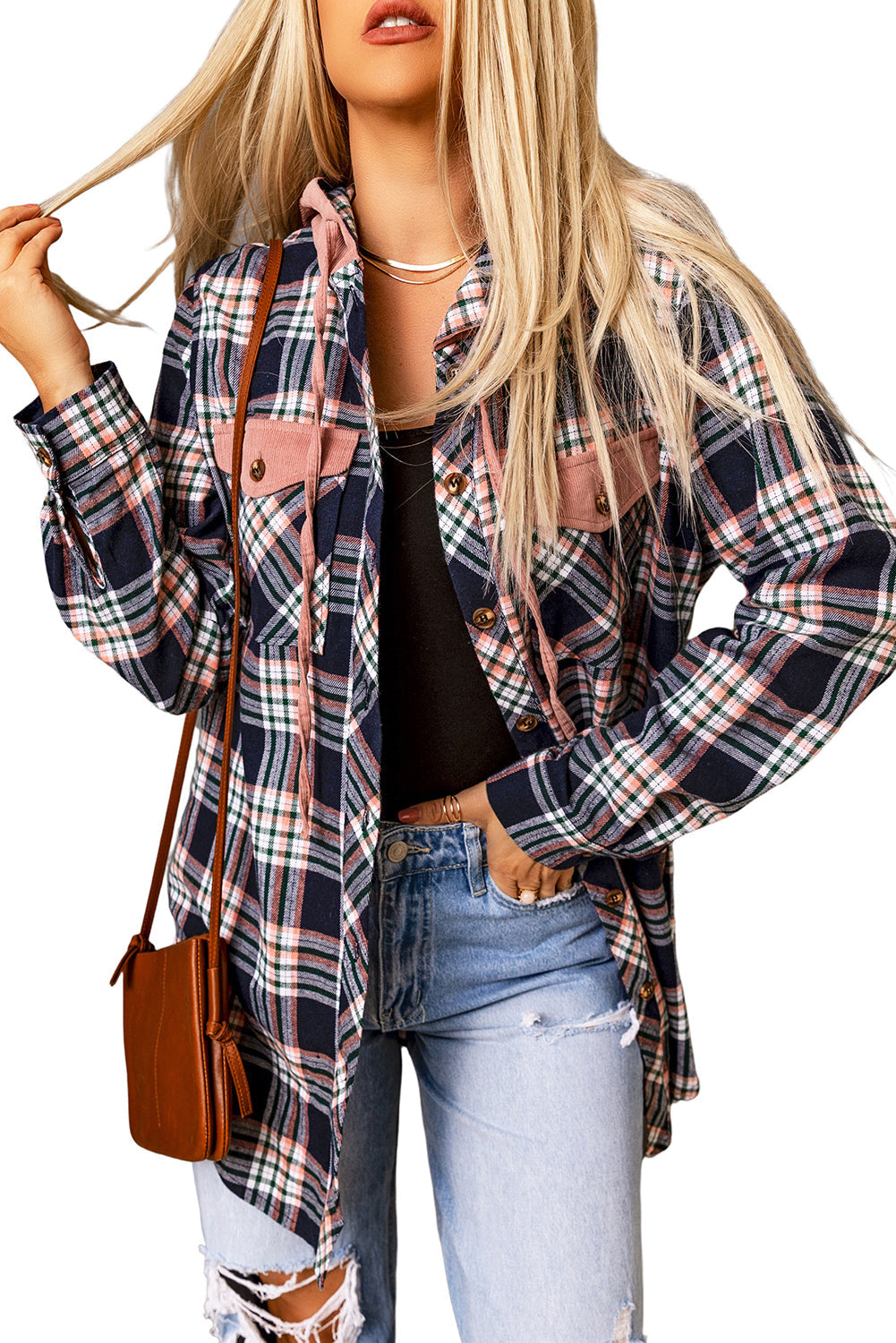 Chaqueta a cuadros con capucha y cordón ajustable en contraste rosa