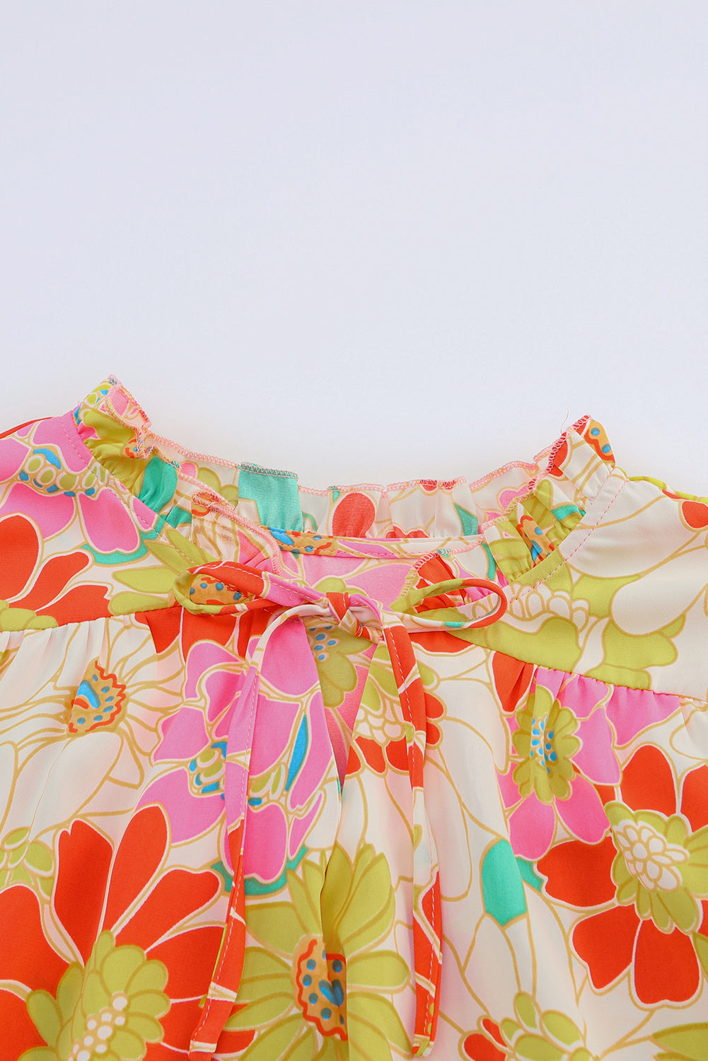 Orange Shirred Neck Summer Floral Dress