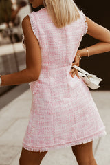 Vestido de tweed cruzado con borde deshilachado en color rosa