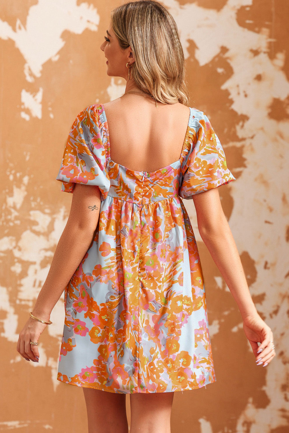 Orange High Waist Square Neck Puff Sleeve Floral Dress