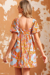 Orange High Waist Square Neck Puff Sleeve Floral Dress