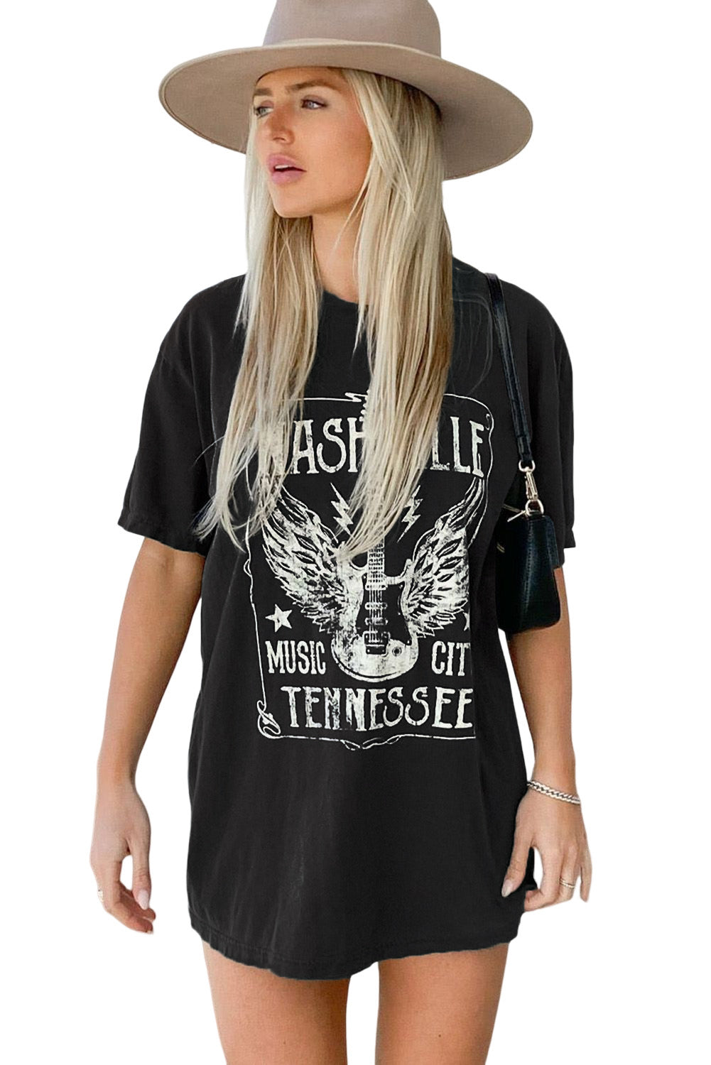 Camiseta extragrande con estampado gráfico de letras y eslogan de guitarra rosa