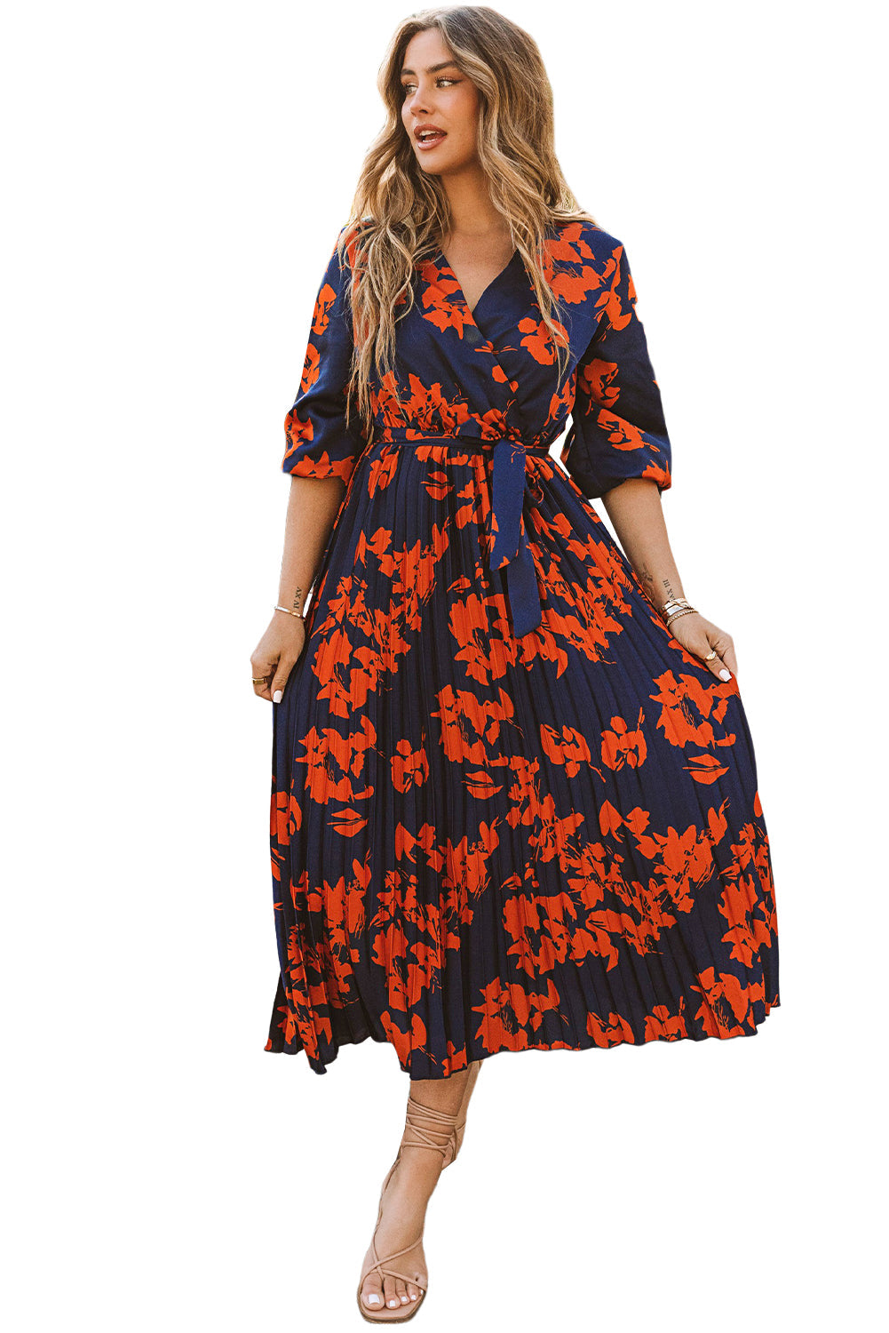 Orange V Neck Wrap Pleated Maxi Floral Dress with Tie