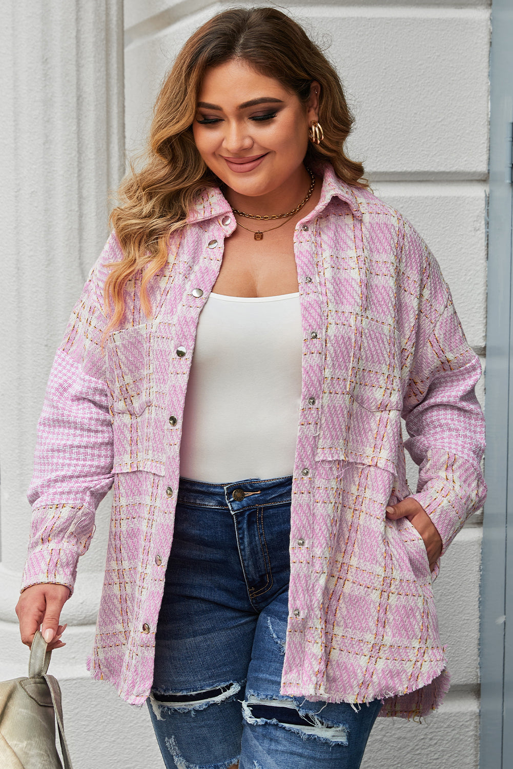 Pink Plus Size Tweed Plaid Houndstooth Print Jacket