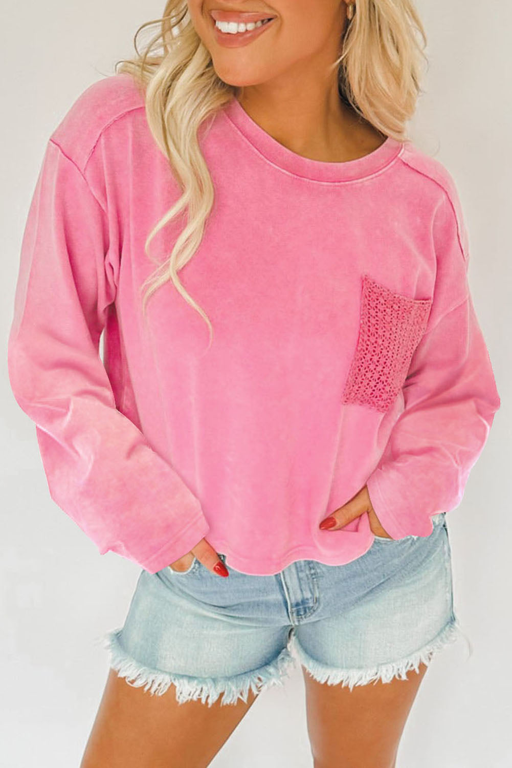 Pink Acid Wash Lace Patch Pocket T-Shirt