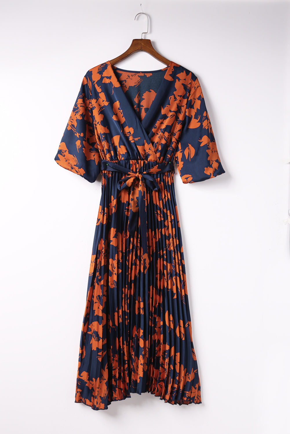 Orange V Neck Wrap Pleated Maxi Floral Dress with Tie