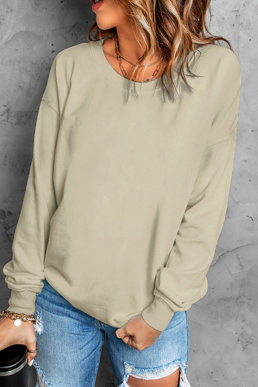 Orange Plain Crew Neck Pullover Sweatshirt