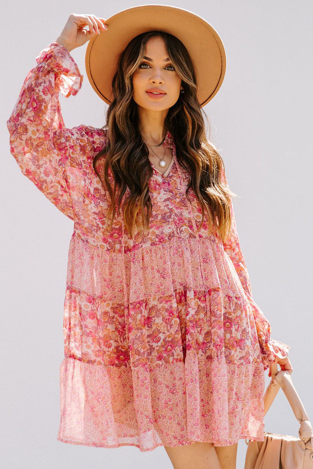 Pink Bubble Sleeve Floral Print Dress