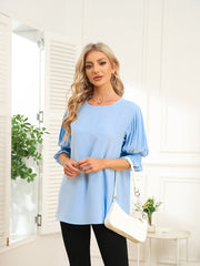 Solid Color Round Neck Ruffle Sleeve Chiffon Blouse