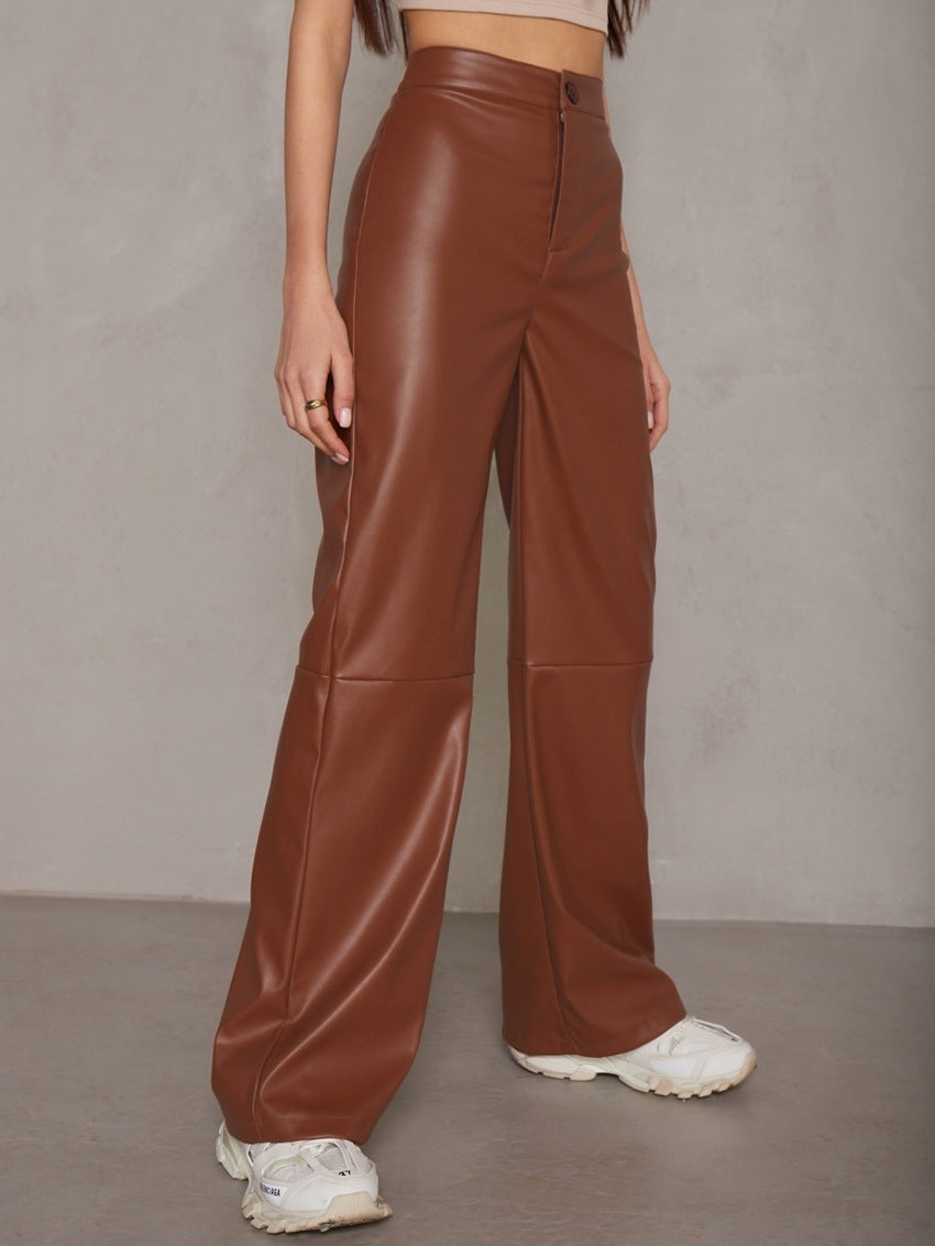 Caramel High Waist Wide Leg Leather Pants