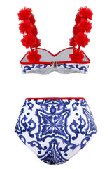 3 Piece Blue and White Porcelain Printing Swimwear Set with Beach Dress