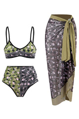 Floral Printed 3 Piece Bikini Set with Beach Skirt