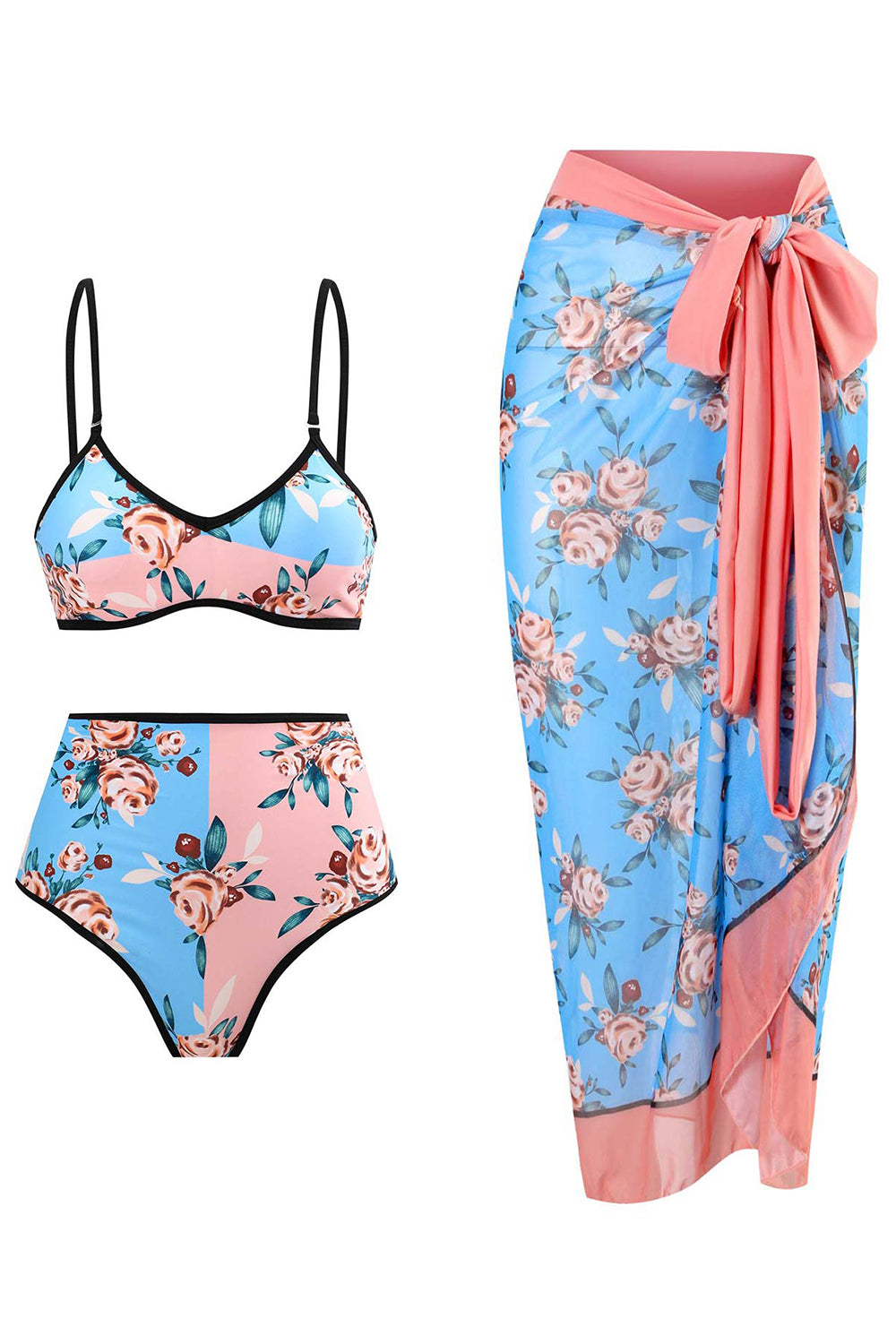 Floral Printed 3 Piece Bikini Set with Beach Skirt